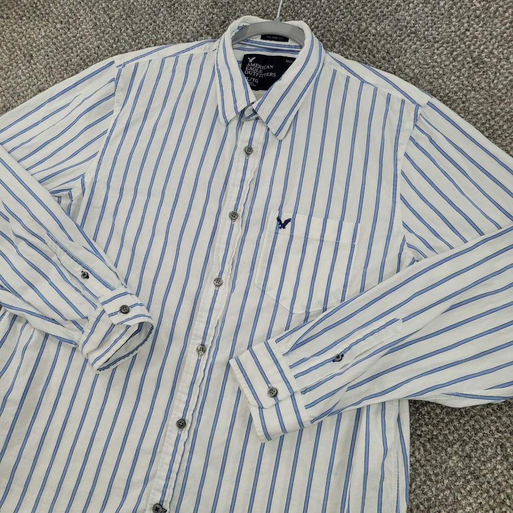 American Eagle Outfitters Mens XL Vintage Fit Blue White Striped Button Shirt LS
